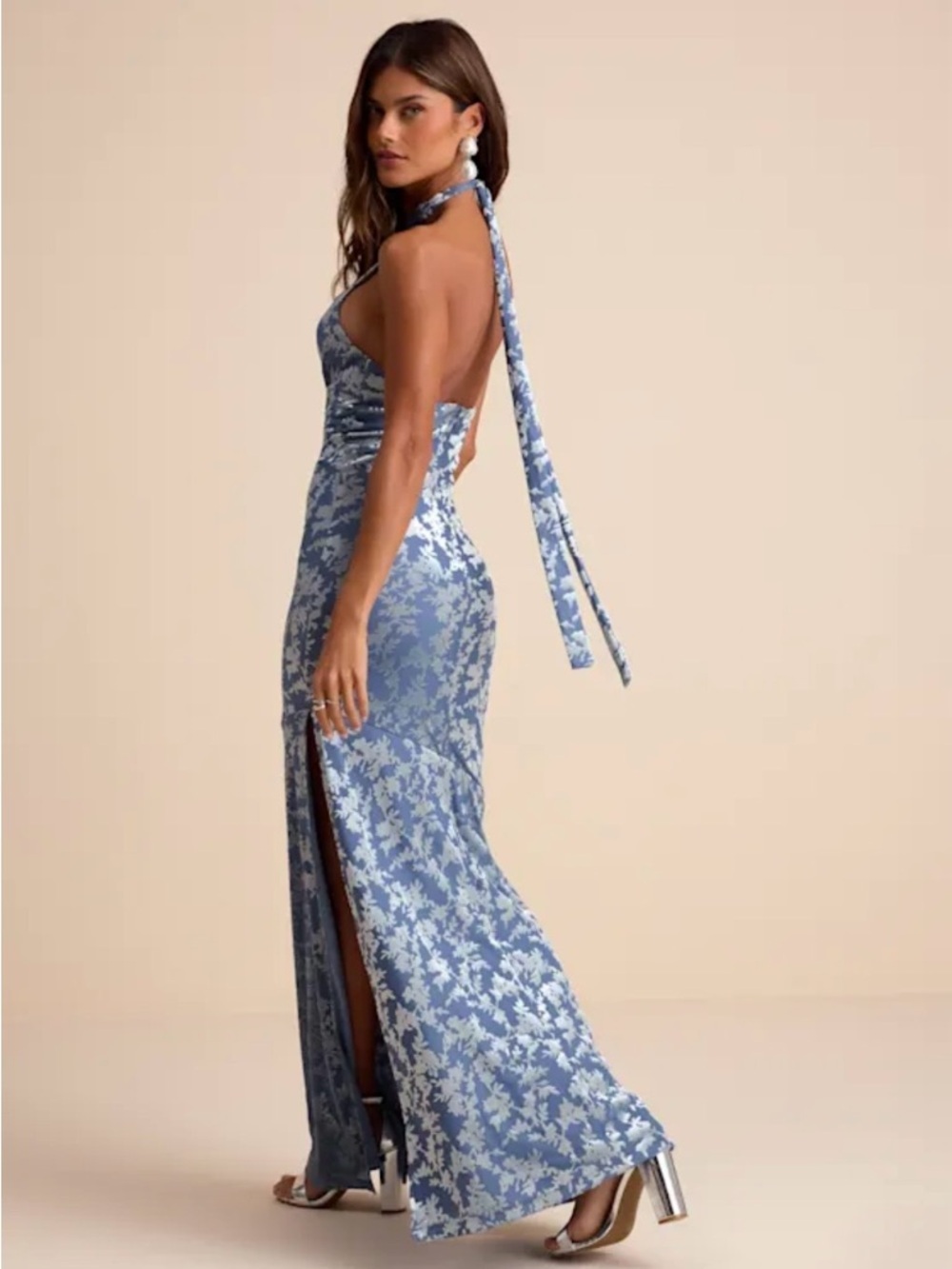 Lulus Sharon Slate Blue Velvet Burnout Halter Maxi Dress - Size XL - Picture 3 of 7